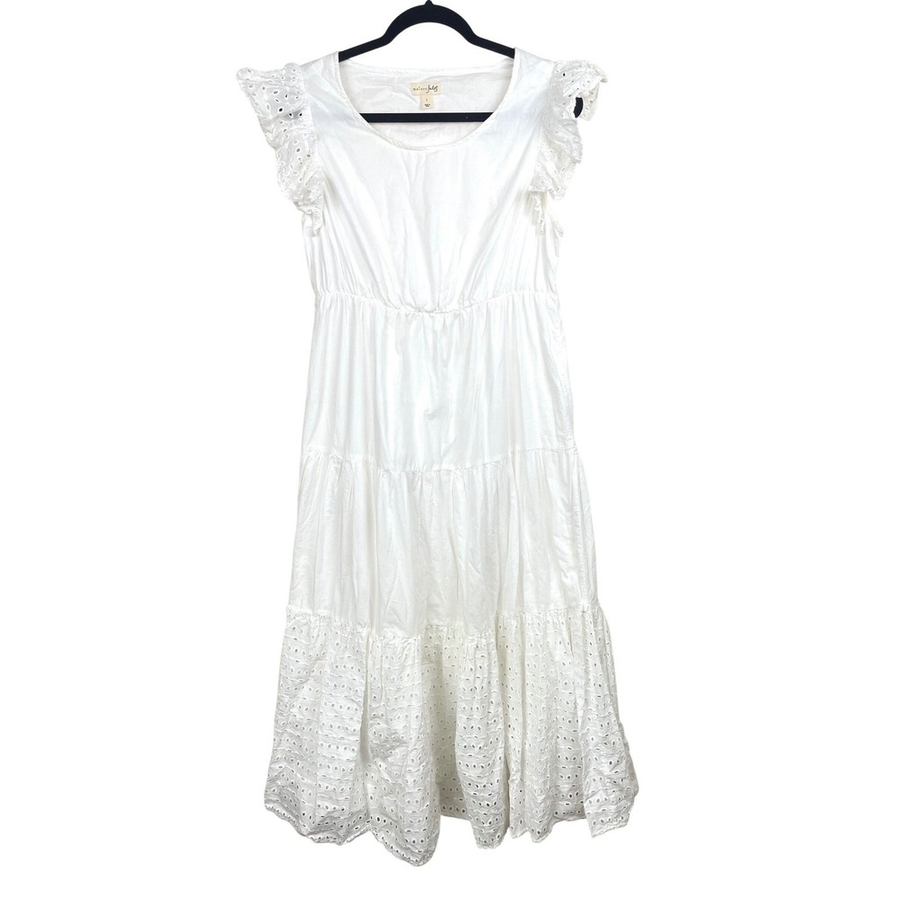 Dress Sz L %100 Cotton Maxi Cottage Ruffle Eyelet Tiered Garden Party Boho White
